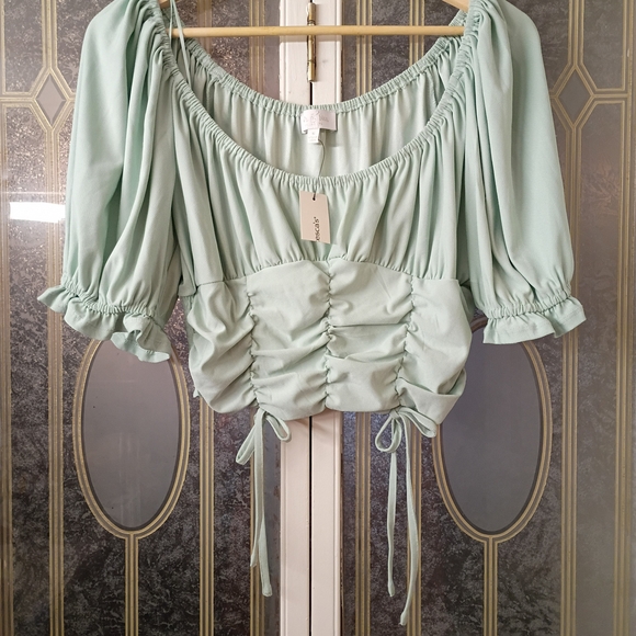 Francesca's Collections Tops - Francesca's Collections Love & Piece Light Green Ruched Blouse